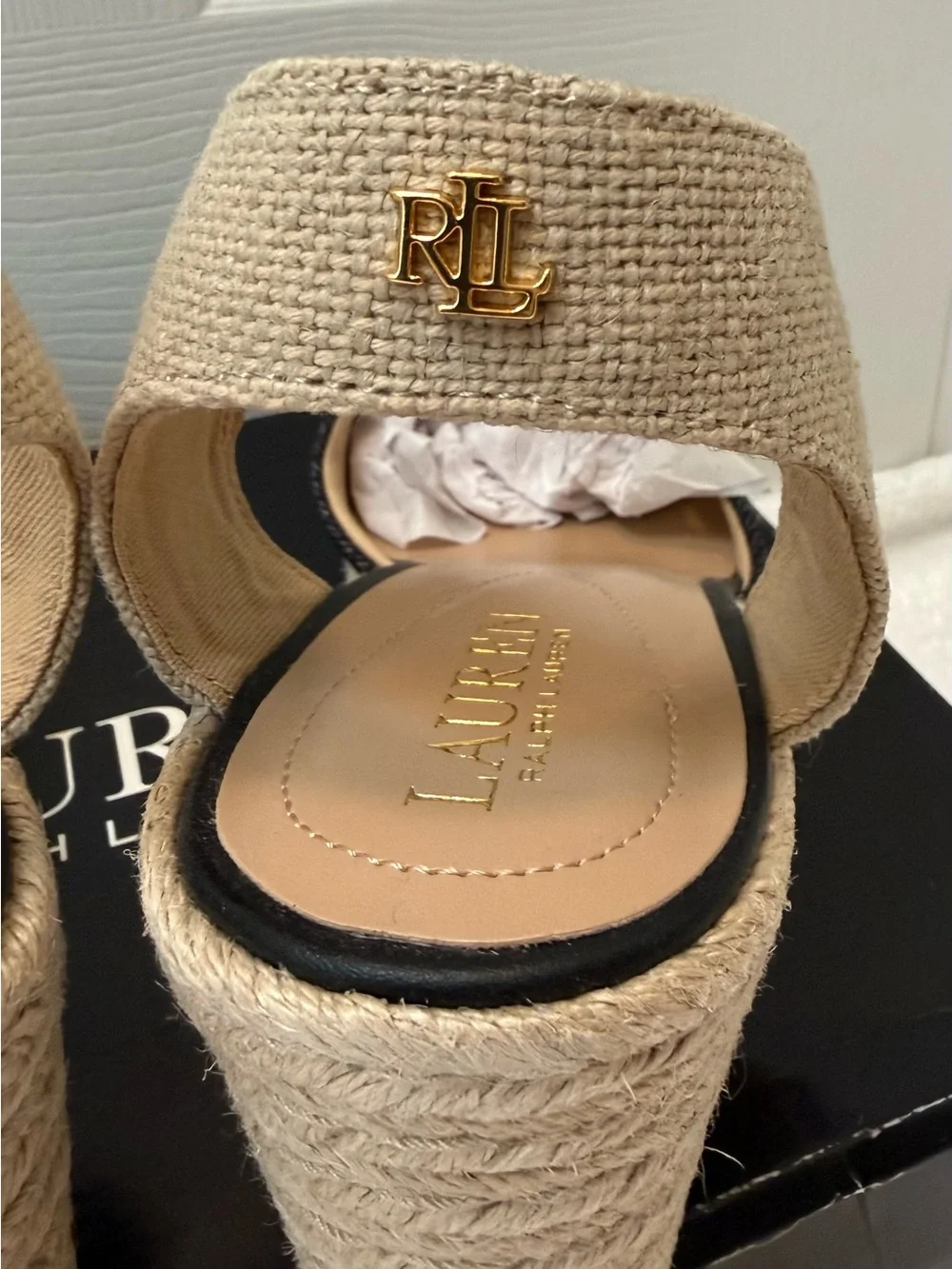 Ralph Lauren Black and Natural Espadrille Wedge Sandals with Ankle Strap